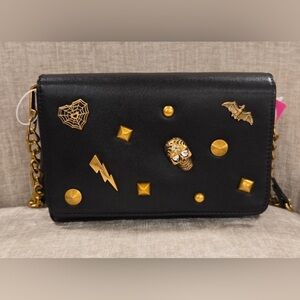 Betsey Johnson Black Gold Skull Bat 🦇 Halloween Crossbody Clutch Wallet | NWT
